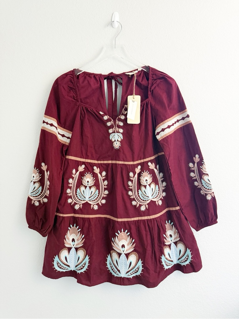 Anthropologie Let Me Be Burgundy Floral Embroidered Tunic Babydoll Dress - Picture 2 of 10